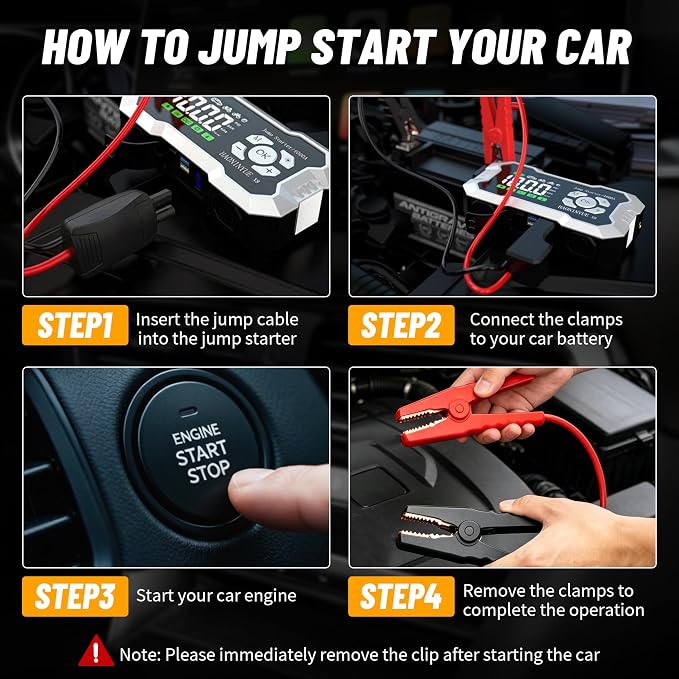 4000A Car Battery Jumper Starter, Battery Jumper Starter Portable (8.0LGas/6L Diesel), 16000mAh Charging Jump Box, Portable Car Jump Starter with Jumper Cables and 600LM LED Light