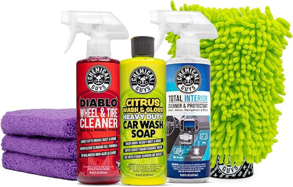 Chemical Guys Car Cleaning Kit - with Car Wash Soap, Wheel Cleaner, Total Interior, Car Wash Mitt - Interior and Exterior Wash Kit with Vehicle Cleaning and Detailing Accessories - 7 Item Kit