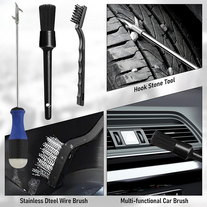 Car Wheel Cleaning Brush - 8PCS Car Wheel Tire Rim Cleaner Pro Wash Kit with Soft-bristled Detailing Crevice Brushes Stone Scraper Carry Bag, Auto Vehicle Cleaning Washing Tools Supplies