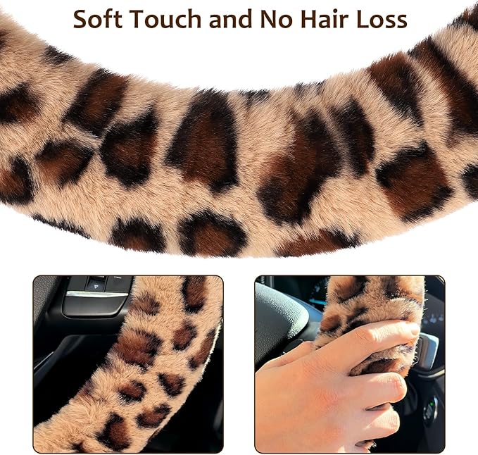 Accmor Fluffy Car Steering Wheel Cover, Leopard Fuzzy Vehicle Wheel Cover for Women Non-Slip Furry Warm Steering Wheel Protector with Cute Ears, Car Accessories 15 inch Universal Fit Auto, Suvs, Truck