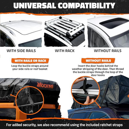 Mockins 25 CuFt Waterproof Rooftop Cargo Carrier Bag | 60"x43"x17" All-Weather 500D Soft-Shell Vinyl Car Top Carrier Without Roof Rack | Vehicle Soft-Shell Carriers with Roof Mat, Lock, Hooks & Straps