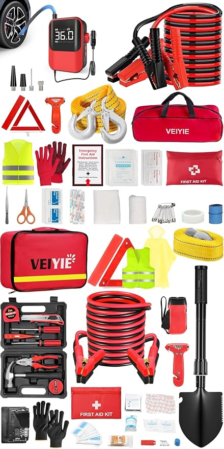 Roadside emergency car kit for vehicles, car first aid kit emergency kit with Portable Air Compressor, Heavy Duty Jumper Cables, Tow Strap, road trip Essentials car safety kit, new driver gifts