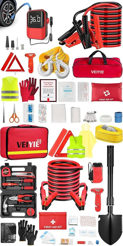 Roadside emergency car kit for vehicles, car first aid kit emergency kit with Portable Air Compressor, Heavy Duty Jumper Cables, Tow Strap, road trip Essentials car safety kit, new driver gifts