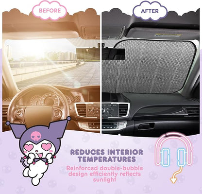Carbella Kuromi Car Windshield Sun Shade, Official Sanrio Accordion Style Sunshade for Car Window, Cute Kawaii Car Sun Shade Windshield, Kuromi Car Accessories for Women (Neon Party)