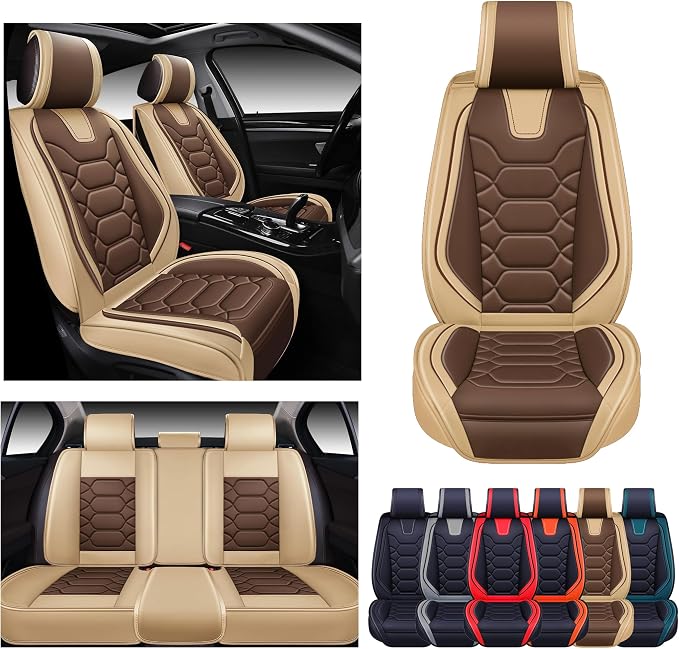OASIS AUTO Car Seat Covers Full Set, Sporty Faux Leather with Honeycomb Pattern, Waterproof Universal Fit for SUV, Sedan, Pick-up Truck, Automotive Interior Accessories (OS-004 Coffee)