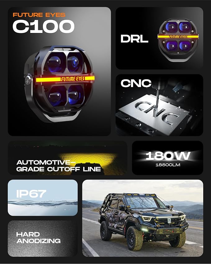 Future Eyes 5 Inch LED Round Offroad Lights, 180W 18000LM Super Bright Driving Lights with DRL, High Low Beam & Strobe, Spot Fog Work Lights with 2 Covers, for Jeep Truck ATV UTV SUV