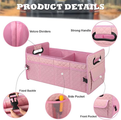 JiatuA Car Trunk Organizer for SUV, Car Storage Organizer Collapsible Multi Compartment Container Box, Adjustable Car Accessories for Women/Men, Large Pink