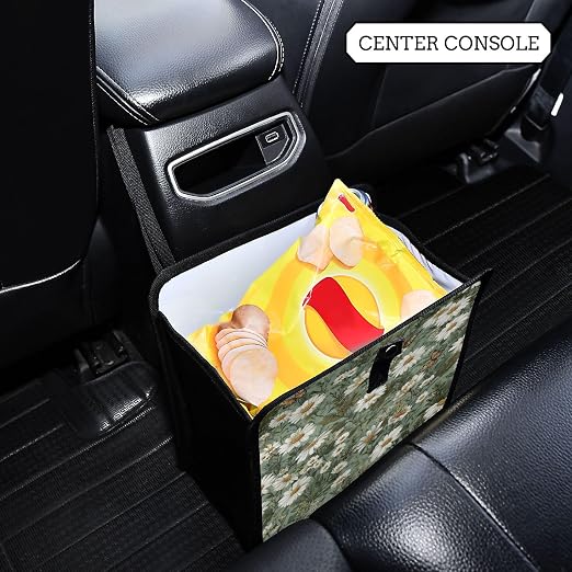 Car Trash Can Organizer Bin with Adjustable Strap for Back Front Seat Console Waterproof Leakproof Collapsible Portable 8.66 Inch Summer Daisy Butterfly Green