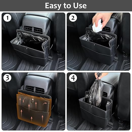 Accmor Car Trash Can with Pocket, Small Vehicle Dustbin Automotive Garbage Organizer Bin with 60 Pcs Trash Bags, Hanging Cars Storage Container for SUV Vans (Black)