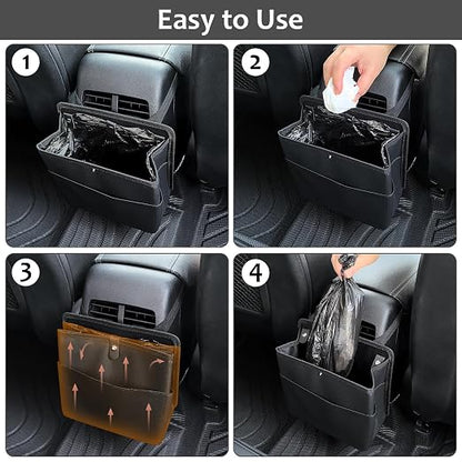 Accmor Car Trash Can with Pocket, Small Vehicle Dustbin Automotive Garbage Organizer Bin with 60 Pcs Trash Bags, Hanging Cars Storage Container for SUV Vans (Black)