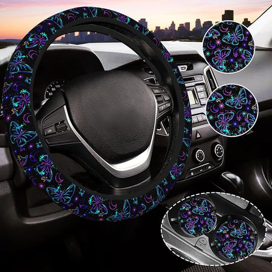 Butterfly Steering Wheel Cover for Women, Universal Auto Steering Wheel 14-15 Inch Car Interior Accessories with 2PCS Car Coasters, Suitable for Men and Women