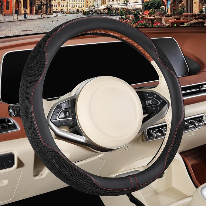 Nappa Leather Black Steering Wheel Cover, Advanced Microfiber Leather Non-Slip Breathable Fabric, Warm in Winter and Cool in Summer, Universal 15 inch