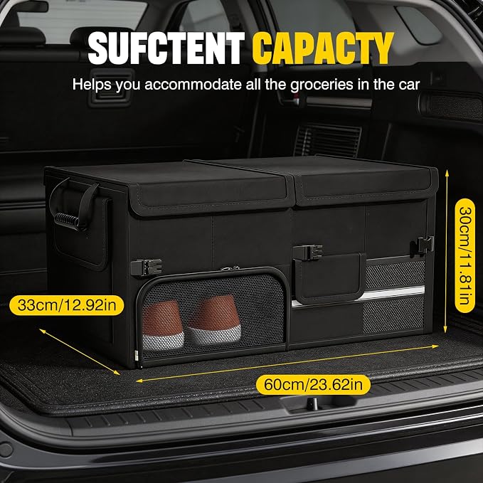 Foldable Car Trunk Organizer with Multi-Compartment – Expandable 30-60L Storage Bin, Side Mesh Pockets, Waterproof 600D Oxford Cloth, Car Accessories for SUV/Truck/Sedan, Black, 23.6"x13.0"x11.8"