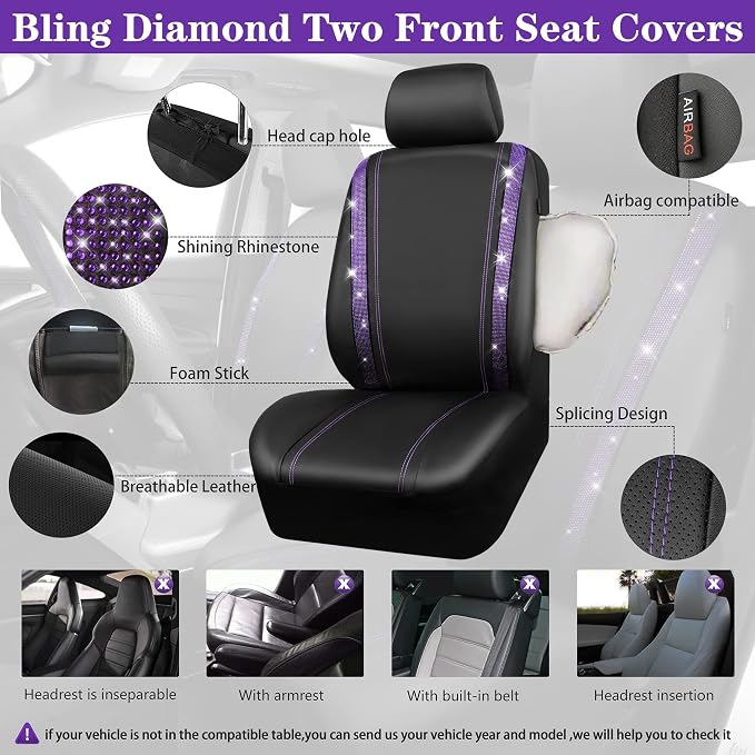 CAR PASS Bling Rhinestone Diamonds Car Seat Covers Leather Shining Rhinestone Car Floor mats Carpet with Anti-Slip Nibs Sparkly Car Accessories Sets Women Glitter Crystal Combo Set Violet Purple