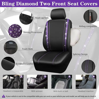 CAR PASS Bling Rhinestone Diamonds Car Seat Covers Leather Shining Rhinestone Car Floor mats Carpet with Anti-Slip Nibs Sparkly Car Accessories Sets Women Glitter Crystal Combo Set Violet Purple
