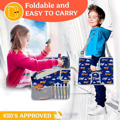 PILLANI Kids Travel Tray for Car - Toddler Airplane Travel Essentials w/ Activity Sheets, Pens & Dry Erase Board - Kids Travel - Must Have Toddler Lap Desk Organizer for Airplane - Travel Accessories