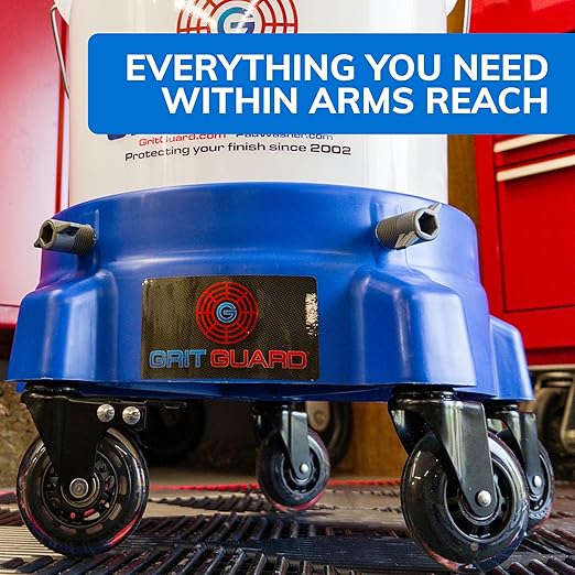 Grit Guard Bucket Dolly with Wheels - Rolling Detailing Wash Bucket with 5 Wheels and 2 Locking Casters Compatible with 2.5, 4, 5 and 6 Gallon Buckets (Blue, 3" Roller Bearing) - Made in the USA