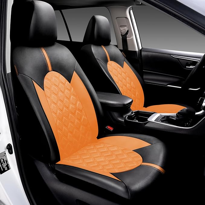 CAROMOP Luxury PU Leather Car Seat Covers Front Set, Anti-Stain Waterproof Automotive Seat Covers for Cars, Universal Car Interior Covers Seat Protectors for SUVs Pick-up Trucks(Orange Brown)