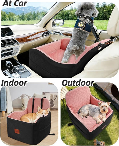 Lealchum Dog Booster Car Seat for Small/Medium Dogs,Puppy Portable Car Bed with Elevated Cushion,Fully Detachable and Washable,2 Storage Pockets,Easy to Install (Black/Pink, Medium)