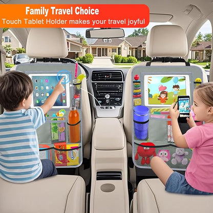 Car Backseat Organizer ，2 Pack Car Organizer Back Seat with 11" Tablet Holder, 10 Storage Pockets Seat Back Protectors Kick Mats for Kids Toddlers, Travel Accessories (Grey)
