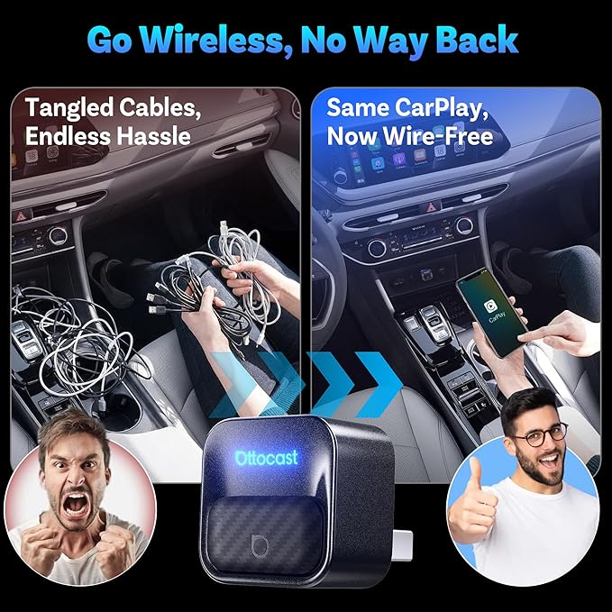 OTTOCAST Mini Core 2-in-1 Wireless CarPlay & Android Auto Adapter Mini Cube | With Smart Switch Button, 5S Auto-Connect, Dual Wi-Fi, Bluetooth 5.4, Plug & Play, for 98% Factory Wired Cars