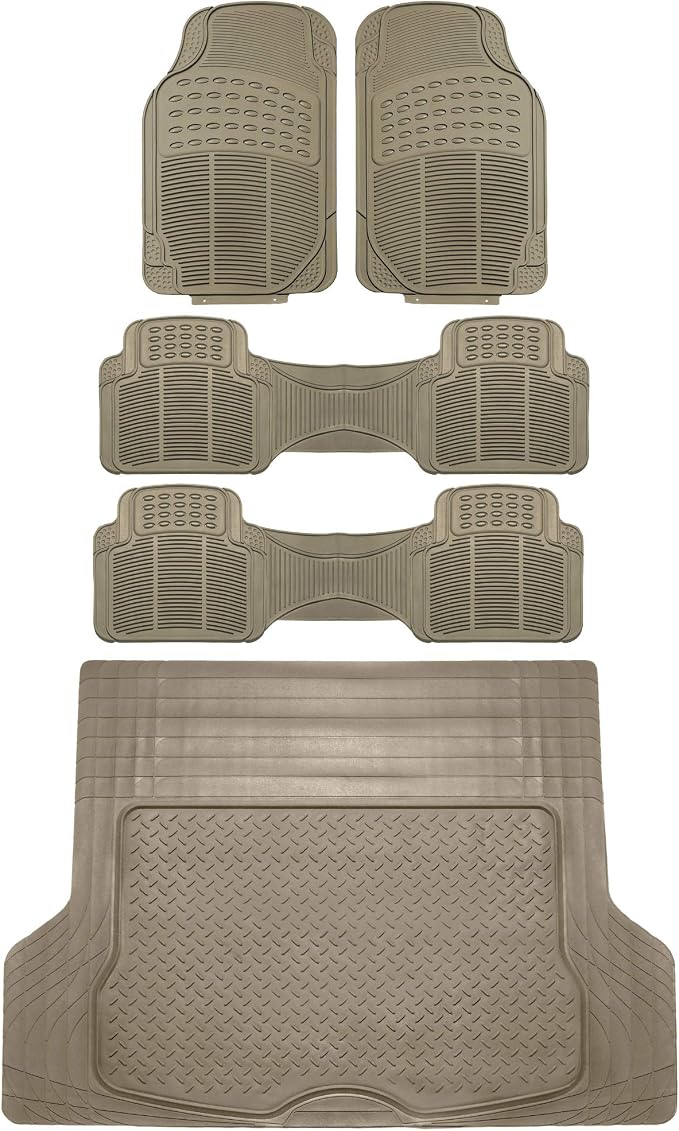 FH Group Trimmable Non-Slip Rubber Floor Mats 3 Row Set - Universal Fit for Cars Trucks and SUVs (Beige) F11305 + F16400
