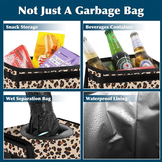 Car Trash Can with Lid Leak Proof Garbage Waterproof Bag for SUV Front Seat Multipurpose Hanging Headrest Collapsible and Portable Storage Mesh Pocket, Leopard Print