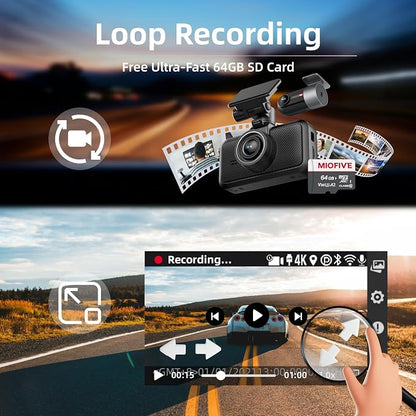 Dash Cam Front Rear, 4K Front + 4K Rear Full HD Dash Camera for Cars Built-in Wi-Fi Bluetooth GPS with 64GB SD Card, 3.0” IPS Screen with App Control, G-Sensor, HDR, Night Vision, 24H Parking Mode