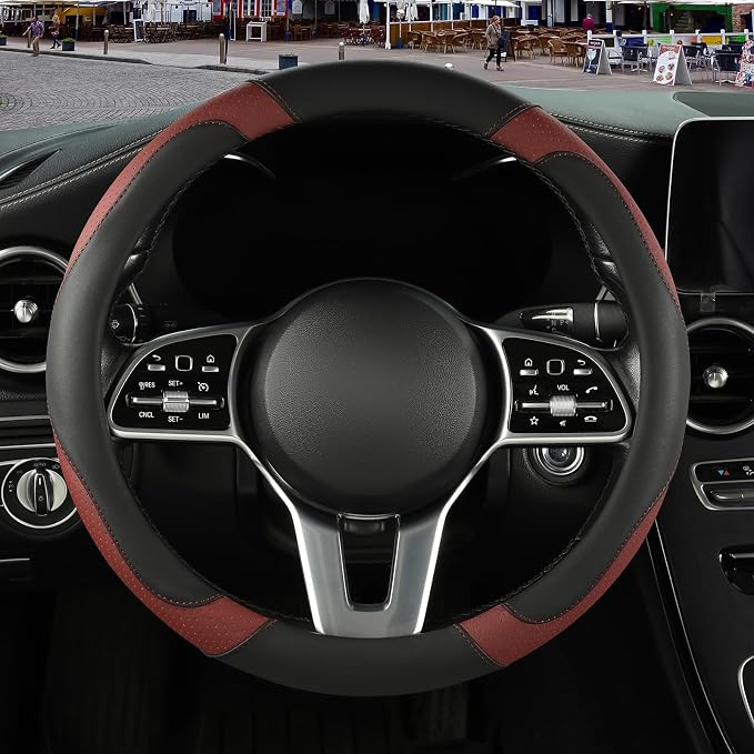 Microfiber Leather Steering Wheel Cover, Breathable, Anti Slip, 13.5 inch to 14 inch, Black with Burgundy