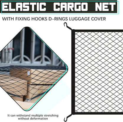 JINGKE Elastic Cargo Net with Fixing Hooks D-Rings Luggage Cover for SUV Rear Trunk Bed Netting Cover ，Net Stretchable Mesh Organizer 32" x 24" Stretch to 63"x43"