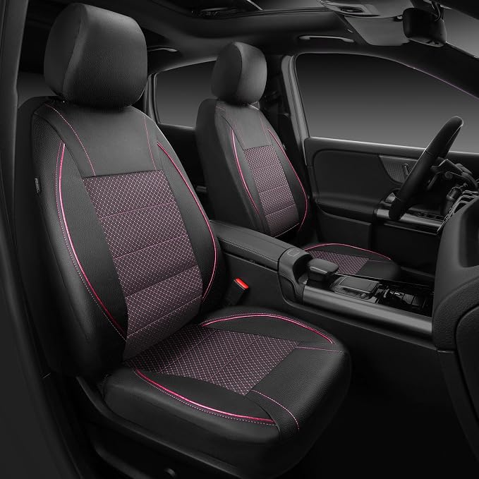 CAR PASS Piping PU Leather Car Seat Cover Full Set,Inside Zipper Design and Reserved Opening Holes，Airbag Compatible,Universal FIT for Car, SUVs,Van,Trucks（Full Set, Black & Pink）