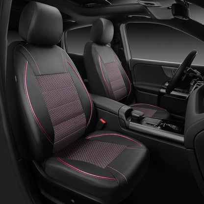 CAR PASS Piping PU Leather Car Seat Cover Full Set,Inside Zipper Design and Reserved Opening Holes，Airbag Compatible,Universal FIT for Car, SUVs,Van,Trucks（Full Set, Black & Pink）