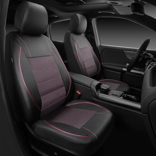 CAR PASS Piping PU Leather Car Seat Cover Full Set,Inside Zipper Design and Reserved Opening Holes，Airbag Compatible,Universal FIT for Car, SUVs,Van,Trucks（Full Set, Black & Pink）