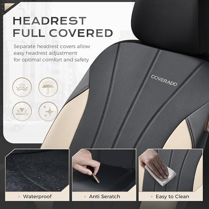 Coverado Car Seat Covers Full Set, 5 Seats Waterproof Nappa Leather Automotive Seat Protectors, Front & Rear Luxury Mesh Seat Covers, All-Weather Universal Fit for Most Cars SUVs, Trucks,Beige&Black