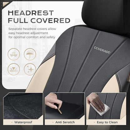 Coverado Car Seat Covers， 2 Front Seats Waterproof Nappa Leather Automotive Seat Protectors, Front Luxury Mesh Seat Covers, All-Weather Universal Fit for Most Cars SUVs, Trucks, Beige&Black