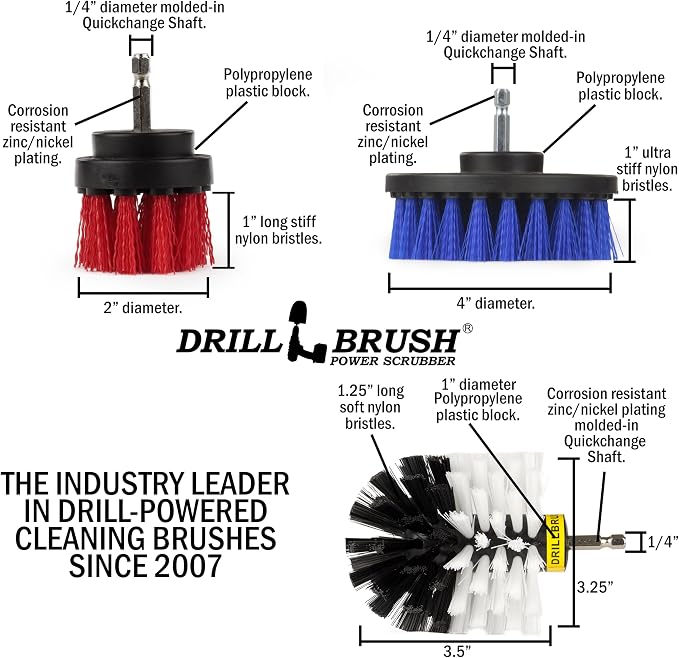 Nylon Drill Brush Attachments for Cleaning Car Accessories, Carpet, Truck Interior, Fabric, Wheel, Rim, Glass, Bath, Tub, Shower, Tile, Grout, Boat Hull, Seats - Drill Brush for Car Detailing Supplies