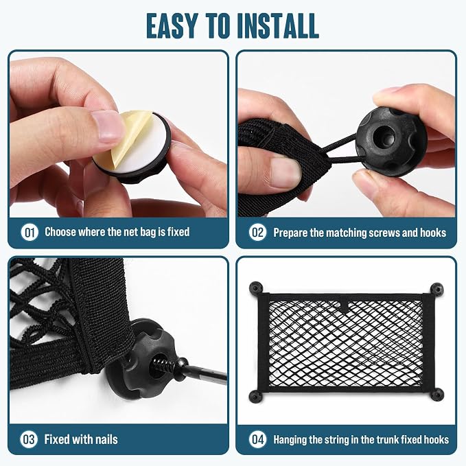 TOBWOLF 2PCS 25x45cm/9.8x17.7in Cargo Storage Net with Mounting Screws, Elastic Storage Mesh Pocket Netting, Built-in Hooks Automotive Cargo Netting Storage Pouch for Trunk, RV, Boats, Campers