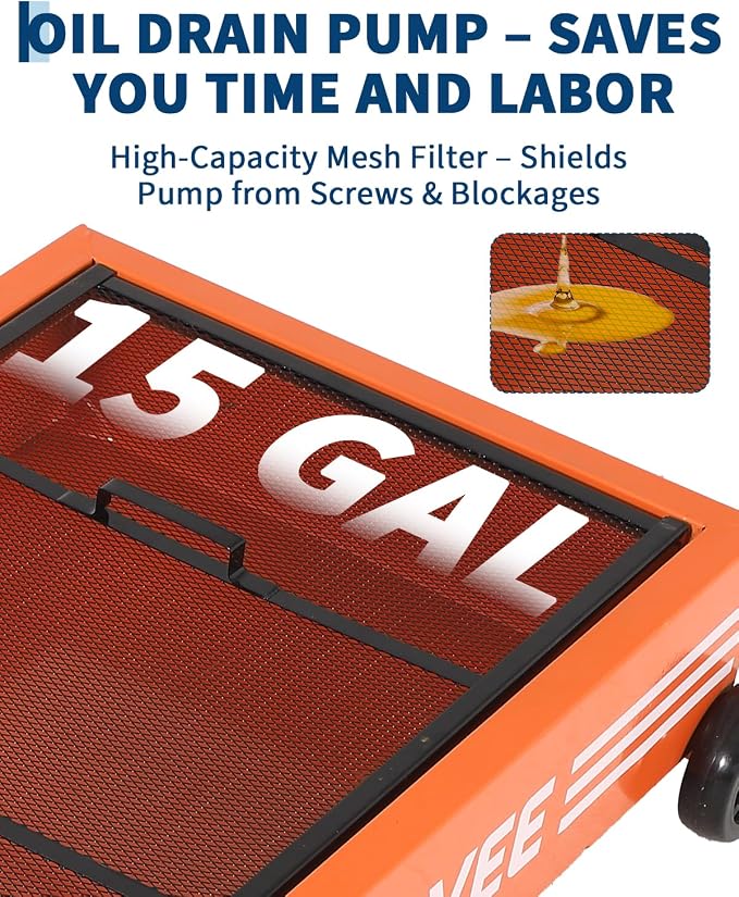 Garvee Oil Drain Pan, 15 Gallon Waste Oil Drain Pan for Oil Change, Steel, 8-8.2 ft Hose& Folding Handle&Rolling Cart, Heavy Duty for Trucks,Manual,Orange