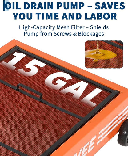 Garvee Oil Drain Pan, 15 Gallon Waste Oil Drain Pan for Oil Change, Steel, 8-8.2 ft Hose& Folding Handle&Rolling Cart, Heavy Duty for Trucks,Manual,Orange