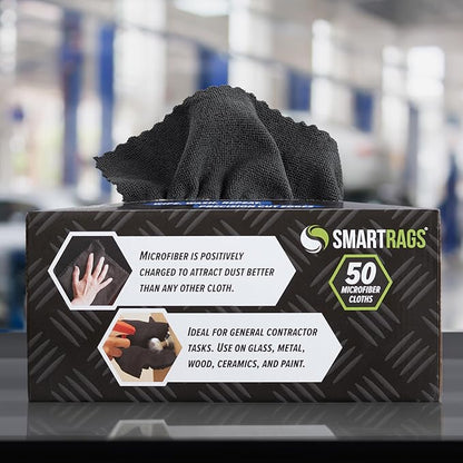 Arkwright Smart Rags Microfiber Cleaning Cloths, Pack of 50 in a Box, Lint Free 180 GSM Reusable Towels for Auto, Office and Household Cleaning, 12 x 12 in, Black