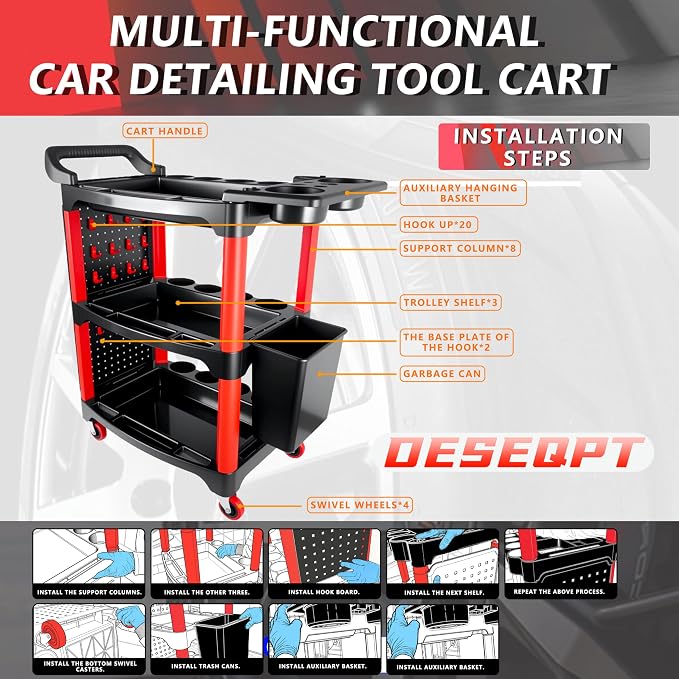 Auto Detailing Cart with Wheels, 3 Tier Rolling Detail Cart with Long Hanging Plate & Hooks & Hanging Bucket & Cat Ear Basket, for Detailers Garage, Workshop, Repair Shop, Storage Tool
