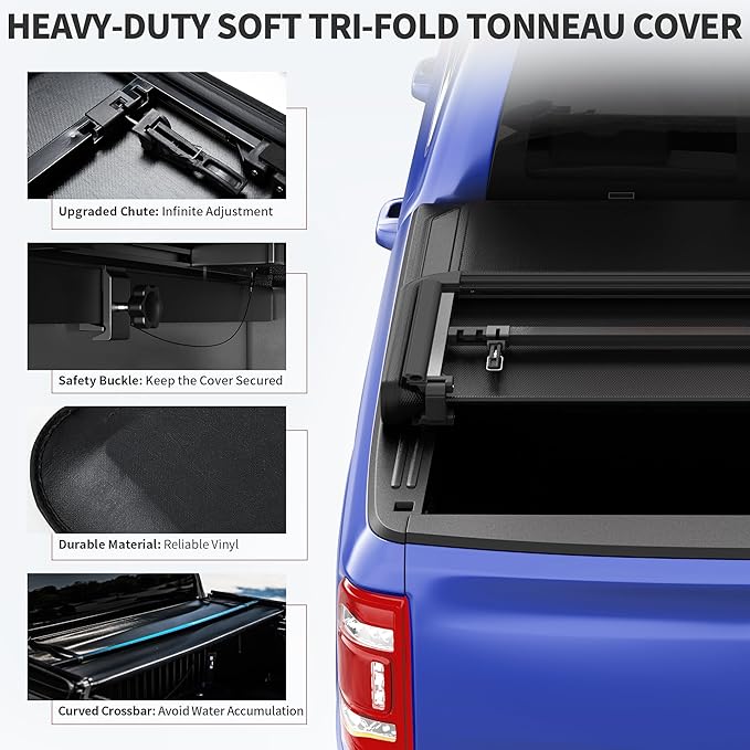 oEdRo Soft Tri-fold Truck Bed Tonneau Cover Compatible with 2016-2023 Toyota Tacoma with 6ft Bed, Fleetside with Track Rail System (Excl. Trail)