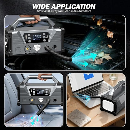 Sharmeal Jump Starter with Air Compressor，9000A Car Battery Jump Starter (All Gas/12.0L Diesel)，200PSI Car Battery Jumper Starter Portable 12V Jump Box with Jumper Cables, LED Light