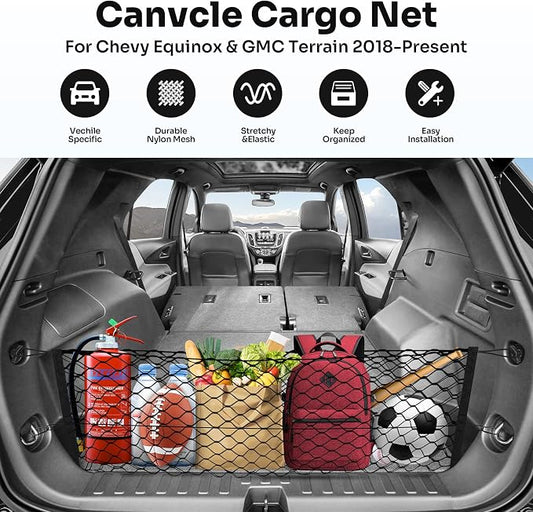 Canvcle Trunk Cargo Net for 2018-2025 2026 Chevy Equinox & GMC Terrain Accessories Envelope Style Mesh Trunk Net Organizer and Storage Stretchable Elastic Nylon Rear Cargo Netting with Hooks