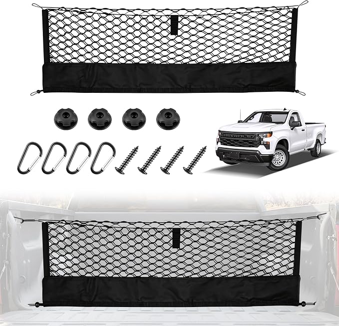 Amiss Truck Bed Cargo Net with Bottom Organizer,Fits for 2013-2026 Chevy Silverado & GMC Sierra 1500/2500HD/3500HD, Portable Storage for Pickup Cargo and Heavy Duty Hook, Car Exterior Accessories