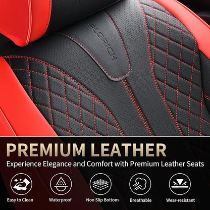 FLORICH Car Seat Covers Front Seats Luxury Faux Leather Waterproof Seat Covers Car Seat Protector Automotive Seat Covers Cushion Universal Fit for Most Cars SUV Trucks, Black&Red