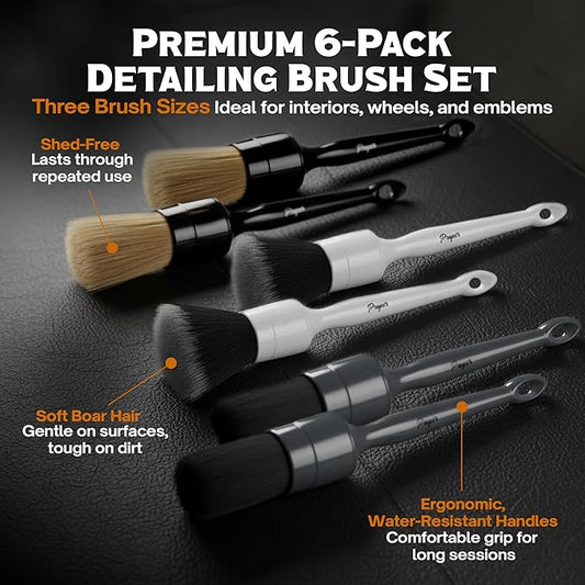 Premium Car Detailing Brush Set - Complete 6 Pack Kit - 2 Boar's Hair, 2 Ultra Soft, 2 Synthetic Bristles - Car Detail Brush for All Surfaces, Leather Seats, Air Vents, Wheels & Emblems, and More