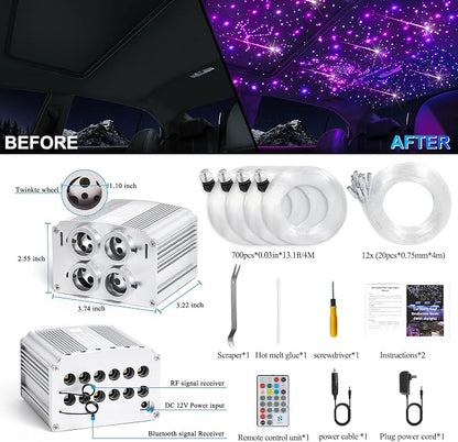 Car Starlight Headliner Kit, 4 Colors 32W Twinkle & Meteor Star Ceiling Lights, 2 in 1 Fiber Optic Light 4 Port Engine 700pcs*0.03in*13.1ft+240 RGBW Shooting Stars Lights for Car Home Roof Décor