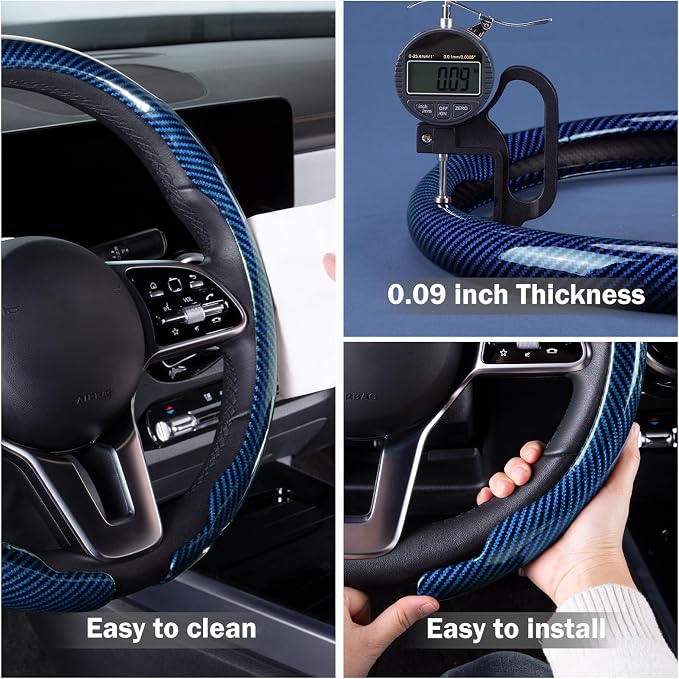 Car Steering Wheel Cover Carbon Fiber Snap On Steering Wheel Accessories Wrap 14.5-15 inch Universal Grip Anti-Skid Protector, Glossy Blue