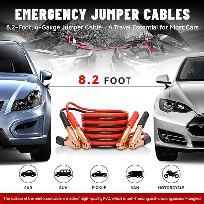 15PC Car Emergency Kit with Jumper Cables, Roadside Assistance Safety Kit for Auto & Truck, Includes Safety Hammers, Tow Strap, Warning Triangle, First Aid, Gifts for Young Men or Women, Black
